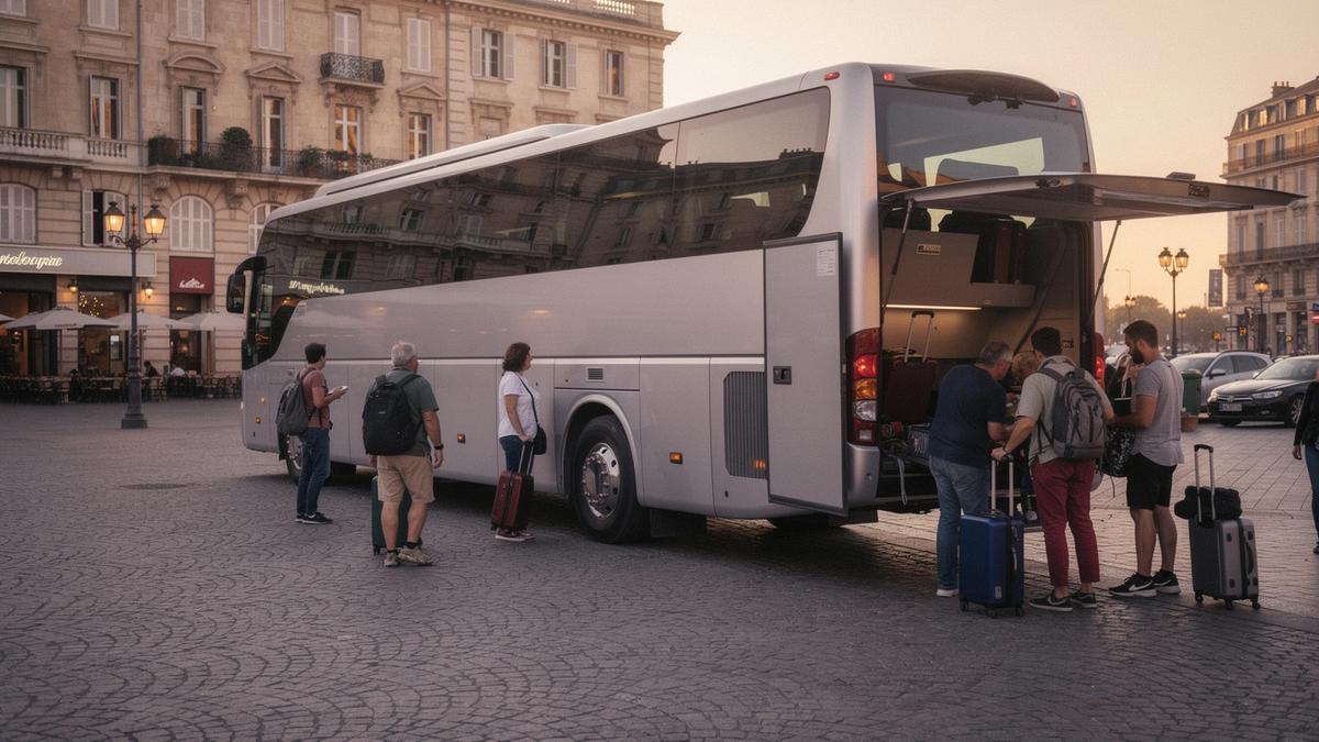Coach waiting at a European square in the early morning while passengers load luggage